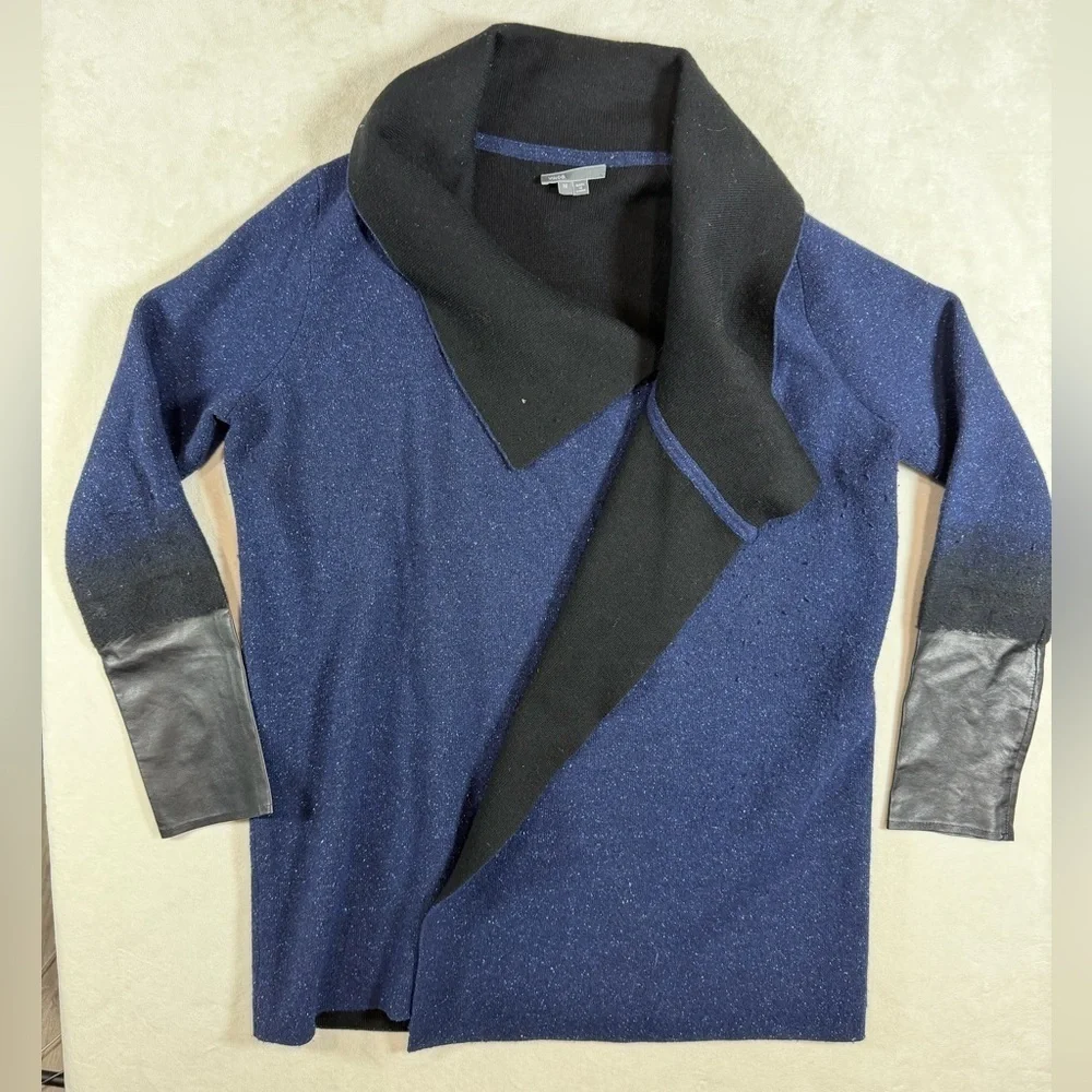 Vince Size Medium Wool Cashmere Blend Navy and Black Open Cardigan With Leather